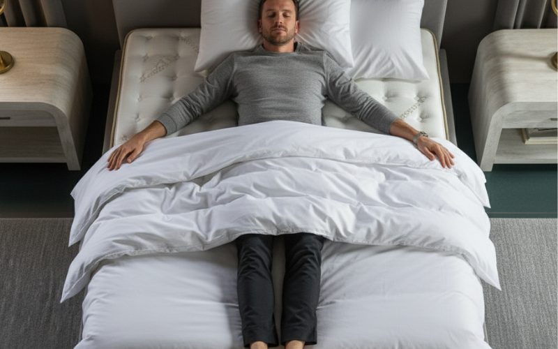 Back sleeper showing neutral spinal alignment Saatva