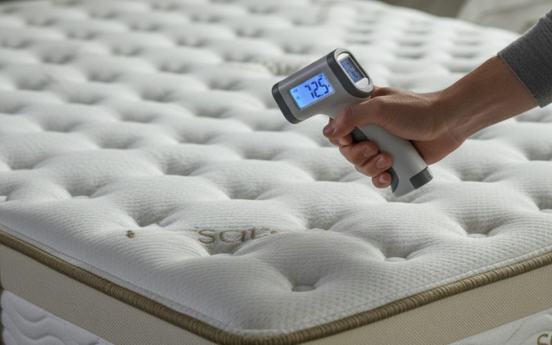Infrared thermometer testing cooling Saatva mattress