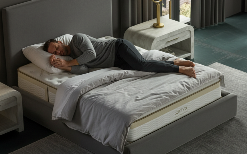 Side sleeper showing pressure relief on Saatva